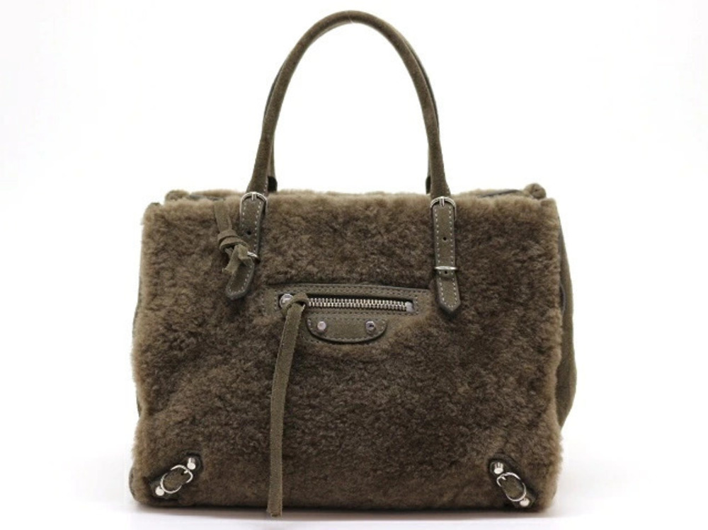 Balenciaga Paper Shoulder Bag Khaki Green Brown Sheepskin Suede